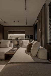 A minimalist living room with comfortable sofas and modern furnishings.