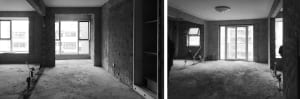 An empty apartment undergoing renovation with concrete walls and floors, featuring exposed beams and windows.