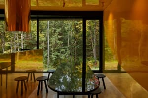 A modern dining room featuring a wooden floor and large glass windows overlooking a forested area.