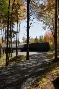 A modern house with a metallic exterior surrounded by autumn trees.