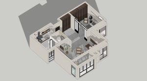 Modern residential interior with concrete flooring, featuring a living space, bedroom, kitchen, and bathroom.
