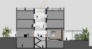 A modern interior design featuring glass, concrete, and wooden elements.