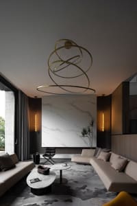 Modern living room with marble walls, metal light fixture, and wooden furniture.