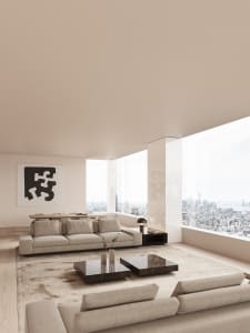 Modern minimalist living room featuring a large glass window, wooden floor, and marble furniture.