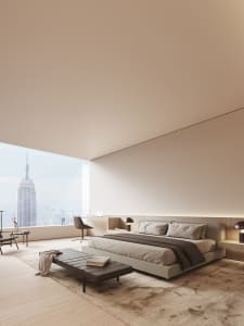A modern, minimalist bedroom featuring a floating bed and floor-to-ceiling view.