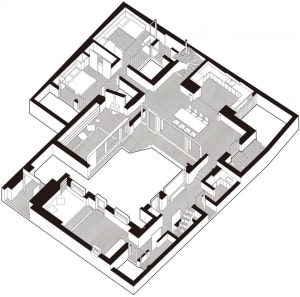 Isometric view of a modern residential floor plan highlighting the layout and design features.