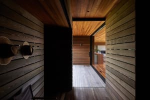 Modern minimalist interior with wooden walls and floors