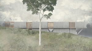 A modern residential building with wooden accents set in a landscape.