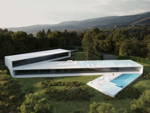 A modern villa with a concrete exterior designed for minimalist style.