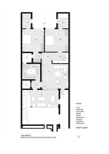 First floor architectural plan of a building with labeled rooms and spaces.