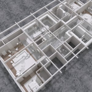 Modern apartment layout with minimalist design, featuring white interiors and open-plan living.