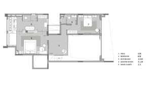 Floor plan of a modern living space with detailed annotations for each room and feature.