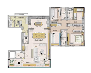 Modern apartment floor plan featuring white tiled flooring, with a living room, dining area, kitchen, bedrooms, bathrooms, an