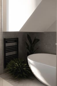 Minimalist bathroom with gray tiles, green fern plant, and black metal accent wall