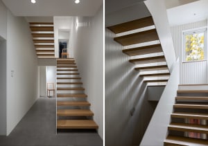 Modern staircase with white walls and wooden steps