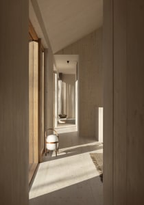 A minimalist modern hallway with wooden walls and flooring, featuring a white spherical lamp and a natural light atmosphere.