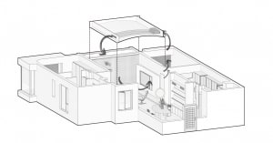 A rendered illustration of a modern residential interior showing the layout and design elements.
