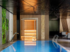 Modern spa interior with wooden walls and laminate flooring