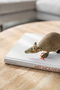 A metallic armadillo sculpture resting on a book titled "Art Nouveau"