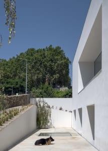 A sleek, modern house exterior with concrete walls and a garden.