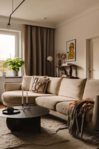A modern living room featuring a fabric couch in a neutral color, with a round coffee table, potted plants, and a painting on