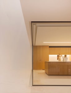 Modern minimalist kitchen with wooden cabinets and sleek design.
