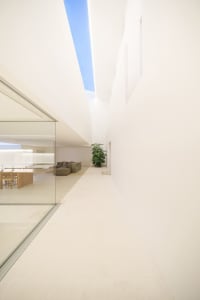 Modern living room with glass walls and concrete floor