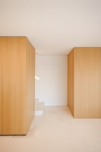 Modern minimalist hallway with wooden paneling and marble flooring.