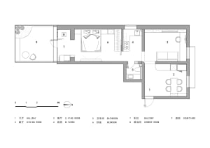 Modern minimalist floor plan depicting a compact living space with a hallway, dining room, kitchen, living room, bedroom, and