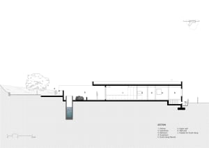 A minimalist residential space with concrete and glass materials.