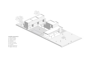 An isometric architectural plan of a modern house with concrete, glass, and steel materials.