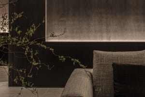Modern living room with dark wood furniture and minimalist design elements.