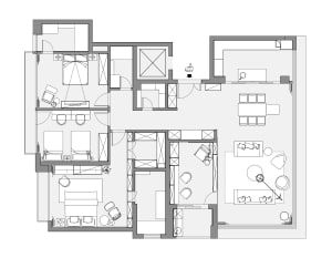 Floor plan of a neutral-colored living room design with minimalist furniture and open space.