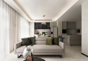 Modern minimalist living room with gray couch, green pillows, and a contemporary chandelier.