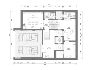 Floor plan blueprint of a residential house with labeled rooms and dimensions.