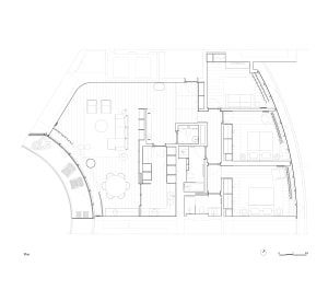 Floor plan of a modern residential space with mixed materials and open layout.