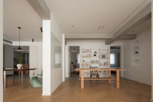 modern residential interior with wood and concrete elements and ambient lighting fixtures