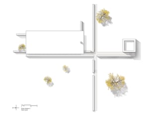 Plan view diagram showing the layout of trees and building structures on the rooftop of a modern architectural house labeled 
