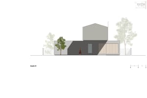 Modern exterior concrete house rendered perspective view with minimalist design and small trees surrounding.