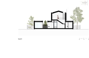 A cross-section view of a modern house showing the second floor layout with a glass staircase and a balcony.