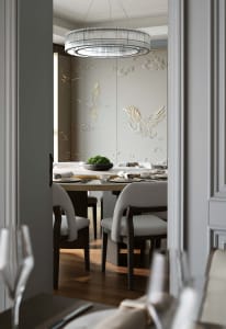 Modern dining room with contemporary furniture, minimalist design, and luxurious materials.