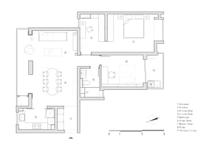 A detailed floor plan of a modern apartment with rooms labeled and dimensions provided.