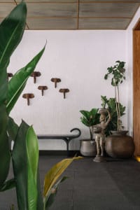 A modern lobby featuring concrete, metal, and wood materials with potted plants and elephant decorations on the wall.