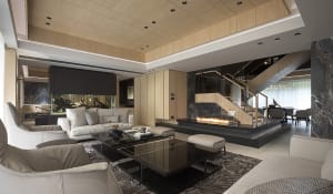 A modern living room with wooden furniture, a fireplace, and a glass aquarium.