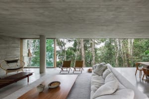 Industrial-style living room with concrete floor, minimalist chairs, and large windows overlooking a forest.