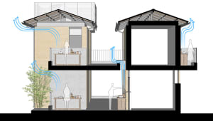 A modern interior space featuring wooden walls and materials, with two floors and an open area.