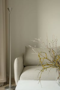 A minimalist living room featuring a light-colored fabric sofa, a floor lamp, and a vase with budding branches.