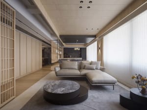 A modern living room with a wooden sofa, round marble coffee table, and large windows.