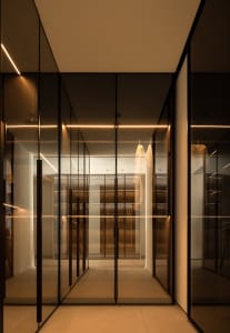 A modern clothes closet with glass walls and mirrors inside, illuminated by soft lighting.