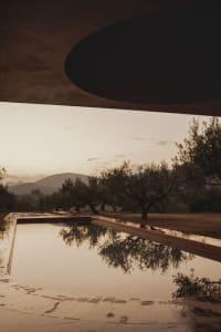 A serene outdoor living space featuring a water reflecting pool and olive trees against a mountainous backdrop.